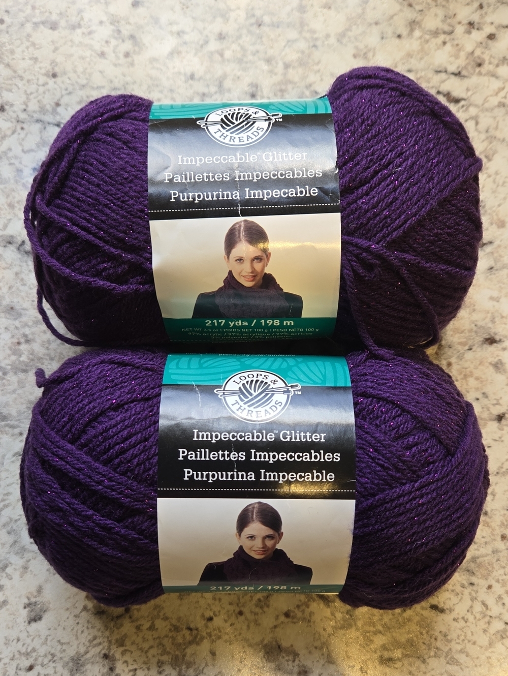 New 2 Skeins Loops & Threads Impeccable Glitter Yarn Bundle in Ultra Violet